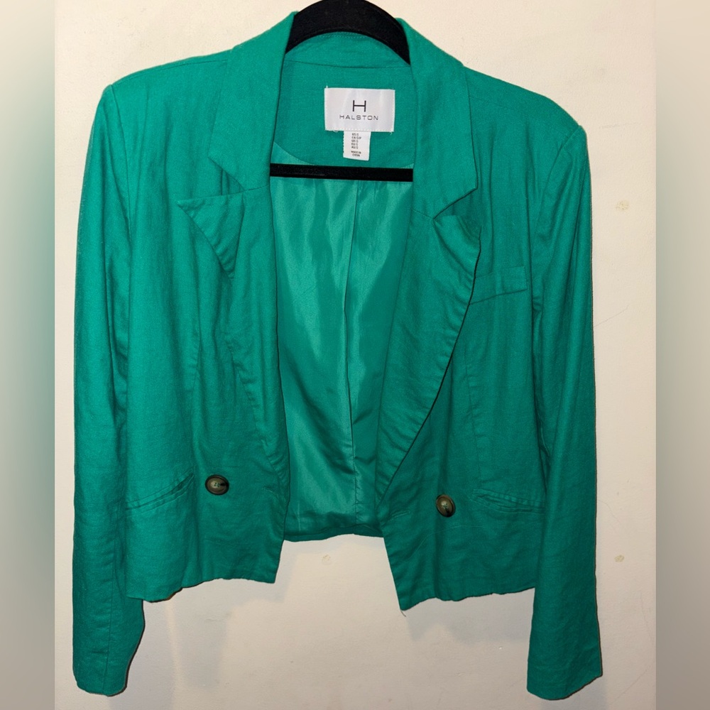 Halston Linen-Blend Jacket Blazer – Bright‎ Green, Size small